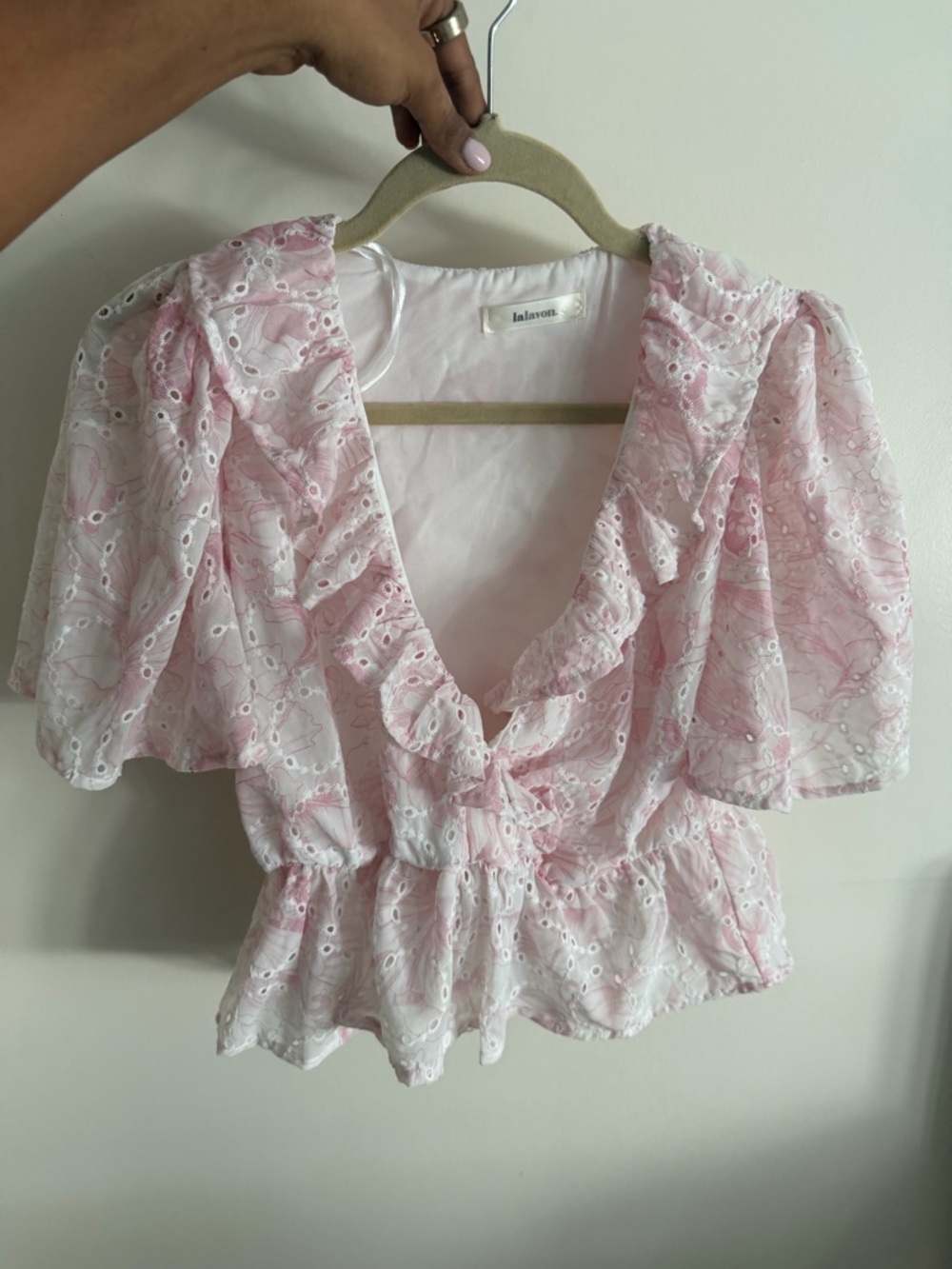 Lalavava Pink Eyelet Ruffle Wrap Blouse